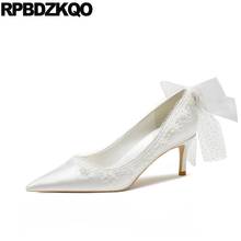 Bridesmaid Pumps Silk Bow Ivory Lace Bridal Shoes Stiletto High Heels Pointed Toe Satin Women Wedding White Girls Flower Pearl 2024 - buy cheap