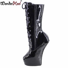 Wonderheel 20cm heel Patent leather Fetish Heelless strange style ponying heel lace up  Platform mid-calf boots larger size 2024 - buy cheap