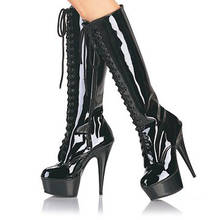 Sexy leather boots women over knee Thick platform Patent leather 15cm High heeled shoes Fetish 6 inches Mid calf Boots Novelty 2024 - купить недорого