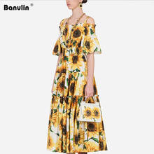 Vestido de verano informal con hombros descubiertos para mujer, traje elegante con estampado de girasol amarillo, cintura elástica, Midi, línea A, para vacaciones 2024 - compra barato