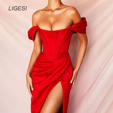 Summer Red Off Shoulder Sexy Dress Women High Split Strapless Club Bodycon Dress Backless Elegant Midi Party Dress 2024 - buy cheap