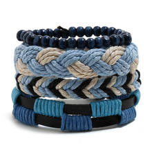 Conjunto de pulseras de cuerda azul para hombre y mujer, brazalete de cuero trenzado ajustable, pulsera de cuentas de madera, regalo de joyería al por mayor, 4 unids/set 2024 - compra barato