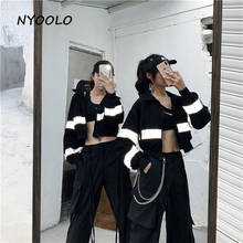 Nyoolo outono streetwear 3m reflexivo retalhos de cintura alta curto preto carga casaco casual solto zíper jaqueta feminina outerwear 2024 - compre barato