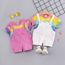 New Summer Children's Baby Girl Short-Sleeved Sets Rainbow Round Neck Short-Sleeved Suspender Wing Shorts Two-Piece Sets 2024 - buy cheap