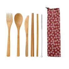 Reusable Cutlery Travel Set Wooden Flatware Cutlery Set Bamboo Straw Dinnerware Set With Cloth Bag Knives Fork Spoon Travel 2024 - buy cheap