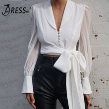 INDRESSME 2019 New Women Solid Office Lady Long Mesh Sleeve V Neck Shirt With Lace Up Bow White Sexy Casual Lady Top INS 2024 - buy cheap