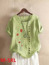 Feminino verão casual bordado floral solto camiseta elegante em torno do pescoço algodão manga curta blusa botão topos M-5XL 2024 - compre barato