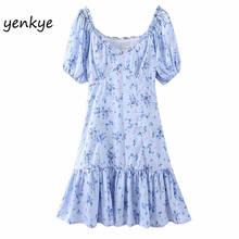 Women  Satin Blue Floral Print Sweet V Neck Puff Sleeve Elegant Lady High Waist A-line Mini Ruffle Summer Dress 2024 - buy cheap