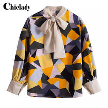 CHICLADY-Blusa informal de manga larga para primavera y verano, camisa con cuello de lazo de color en bloque, para mujer, nueva moda 2024 - compra barato