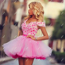 Mini vestidos quetel fofos rosa, vestidos curtos de baile de flores apliques vestidos de festa customizados 2024 - compre barato