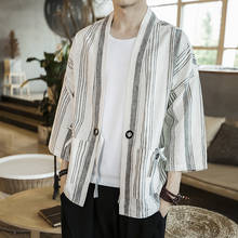 Chaqueta Kimono de retazos a rayas para hombre, ropa de calle cortavientos con cintas, cárdigan de lino y algodón, abrigo de punto abierto, 2021 2024 - compra barato