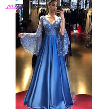 Azul real mangas compridas vestidos de noite a linha de cetim apliques de renda vestidos formais elegante com decote em v vestido de festa de formatura para mulher 2024 - compre barato