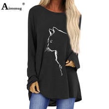 Women Model Cat Print Basic Tops 2021 Spring Autumn New Female Long T-shirt Ladies Casual Loose Tees Shirt Plus Size S-5XL 2024 - buy cheap