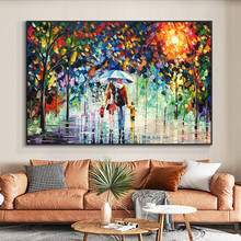Família abstrata que anda na chuva com pintura a óleo guarda-chuva 100% pintado à mão em tela artesanal arte de parede para decoração de casa 2024 - compre barato