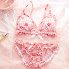 Wriufred Strawberry plaid underwear set girl Japanese cute small chest no steel ring bra soft girl sweet student bra panties 2024 - buy cheap
