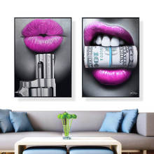 Pintura en lienzo moderna para sala de estar, póster impreso de arte de pared de dinero, labios morados sexys, decoración del hogar, imagen sin marco 2024 - compra barato
