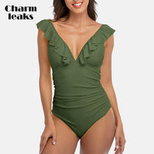 Charmleaks-bañadores de una pieza con volantes para mujer, Monokini con cuello de pico, fruncido, corte alto, traje de baño 2024 - compra barato
