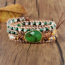 Pulseira feminina reforçada com pedras naturais, pulseira de couro 3 vezes com contas de jade verde 2024 - compre barato