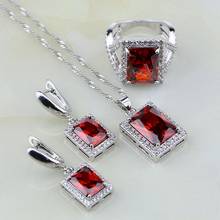 Natural Square Red Garnet Cubic Zirconia White CZ Sterling Silver Jewelry Sets For Women Wedding Earring/Pendant/Necklace/Ring 2024 - buy cheap