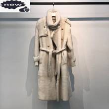 Женское зимнее длинное пальто из натуральной овчины, свободное двубортное пальто из натуральной кожи с поясом, пальто 2024 - купить недорого