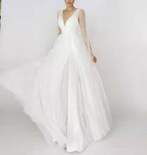 Elegant A-Line Long Sleeve Tulle Wedding Dresses Floor Length Pleated V-Neck Abendkleider Maxi Bridal Gowns for Women 2024 - buy cheap