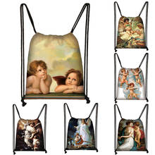 Mochila vintage de pintura de anjo, bolsa casual feminina para o dia, sacola de cordão, para armazenamento de calçados 2024 - compre barato