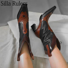 Novos saltos estranhos bota de cowboy ocidental, botas femininas pequenas de bico quadrado bordadas na altura do joelho e costura, botas de cavaleiro para mulheres 2024 - compre barato