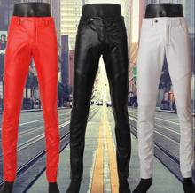 Splice faux leather pants mens feet pants fashion motorcycle pu trousers for men personality pantalon homme thin black white red 2024 - buy cheap