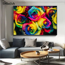 Enfeite de flores para parede, arte de parede grande, cartazes para sala de estar, rosas coloridas, impressão hd, pinturas em tela, decoração de casa, imagens, 1 peça 2024 - compre barato