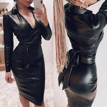 Women Dress Long Sleeve 2019 Autumn Spring Sexy Bodycon Mini Dress Slim V Neck Ladies Casual Black PU Leather Pencil Dress 2024 - buy cheap