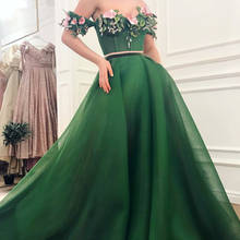 Green Muslim Evening Dresses Ball Gown Off The Shoulder Tulle Flowers Dubai Saudi Arabic Long Formal Evening Gown 2024 - buy cheap