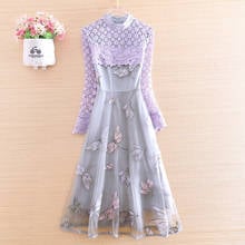 High-end O-neck Women Royal Embroidery Dragonfly Mesh Stitching Lace A-line Dress Retro Elegant Lady Slim Party Dress S-XXL 2024 - buy cheap