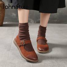 Johnature Retro Buckle Strap Flats Women Shoes 2022 New Spring Genuine Leather Round Toe Casual Shallow Handmade Ladies Shoes 2024 - buy cheap