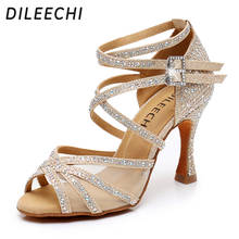 Dileechi sapatos de dança latina, strass de glitter dourado com rede, sapatos de dança de salão femininos, sapatos macios de salto alto 2024 - compre barato