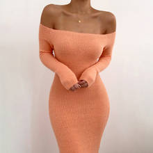 InstaHot Solid Off the Shoulder Sexy Pencil Maxi Dress Angle Length Vintage Knitted Skinny Slim Long Sleeve Sexy Women Dress 2024 - buy cheap