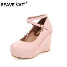 REAVE CAT/женские новые 2021 обувь телесного цвета из искусственной кожи BuckleCasual вечерние туфли на танкетке; Женская обувь на платформе с каблуком; Сезон весна-осень; Зеленый; Большие размеры 33–43 A3959 2024 - купить недорого