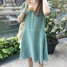 Корейское женское зеленое летнее короткое платье-рубашка, однобортное платье с рукавами-фонариками, прямое платье, Повседневное платье, Femme Sukienki Jurken 2024 - купить недорого