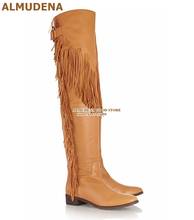 ALMUDENA Camel Matte Fringe Flat High Boots Tassel Embellished Over The Knee Dress Boots Buckle Strap Outdoor Motorcycle Boots 2024 - buy cheap