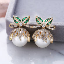 Shinning Fresh Pearl Stud Earrings For Women Wedding Handmade Earrings Gold Plating Fashion Jewelry with AAA Zirconia Wholesale 2024 - buy cheap