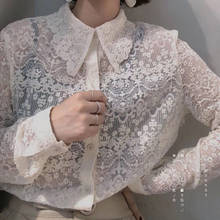 Camisa feminina transparente com renda e manga longa, camisa elegante e estilosa para mulheres, para primavera, 2020 2024 - compre barato