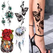 Временные татуировки 3D с бабочками для женщин и мужчин, татуировки с лотосом и розой для взрослых, Ловец снов, искусственная наклейка, полурукава, татуировки до бедра, тигр 2024 - купить недорого