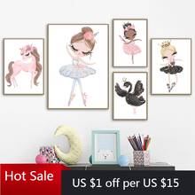 Baby Girls Ballerina Nursery Wall Decor Art Canvas Painting Pictures Swan Princess Pink Ballet Prints Nordic Poster Kids Room De 2024 - buy cheap