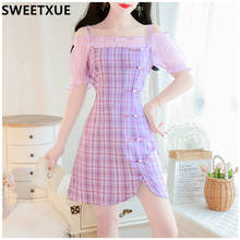 SWEETXUE Summer Women Mini Party Elegant Dress 2021 Puff Sleeve Plaid Dress Improved Cheongsam Dress Vestidos Robe Femme 2024 - buy cheap