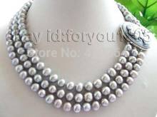 Jewelry Pearl Necklace Free Shipping  3rows Natural 9mm Round Gray Pearl Necklace Cameo 2024 - buy cheap