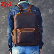 Mochila de couro crazy horse masculina, mochila de viagem de alta capacidade em couro legítimo retrô, bolsa escolar original para homens 2024 - compre barato