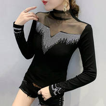 #5748 Black Basic T Shirt Women Spliced Mesh Turtleneck See Through Womens Tee Shirts Long Sleeve T Shirts Female Slim Spring 2024 - buy cheap