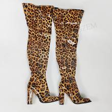 Laigzem moda feminina sobre o joelho botas lado zip dedo do pé redondo bloco grosso botas de salto alto brilhante sapatos de festa mulher tamanho grande 39 42 47 2024 - compre barato