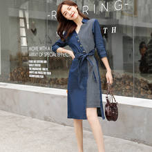 2021 New Spring Summer Women Denim Dress Fashion Striped Patchwork Half Sleeve V-neck Casual Jean Dresses with Sash 2024 - buy cheap