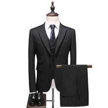 (Jacket+Pant+Vest) Slim Fit Striped Suit Men Brand Classic 3 Piece Mens Wedding Suits Dark Grey Men's Formal Suits Party Wear 2024 - buy cheap