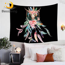 BlessLiving-tapiz de atrapasueños para colgar en la pared, estampado bohemio de calavera de vaca con plumas de rosas, tapices coloridos para dormitorio 2024 - compra barato